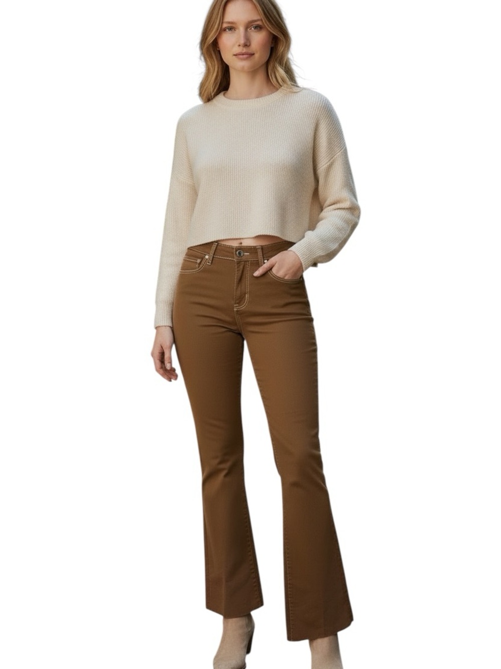 L'AGENCE Caramel Brown Flare Wide-Leg Jeans never worn  . Bottom cut .
